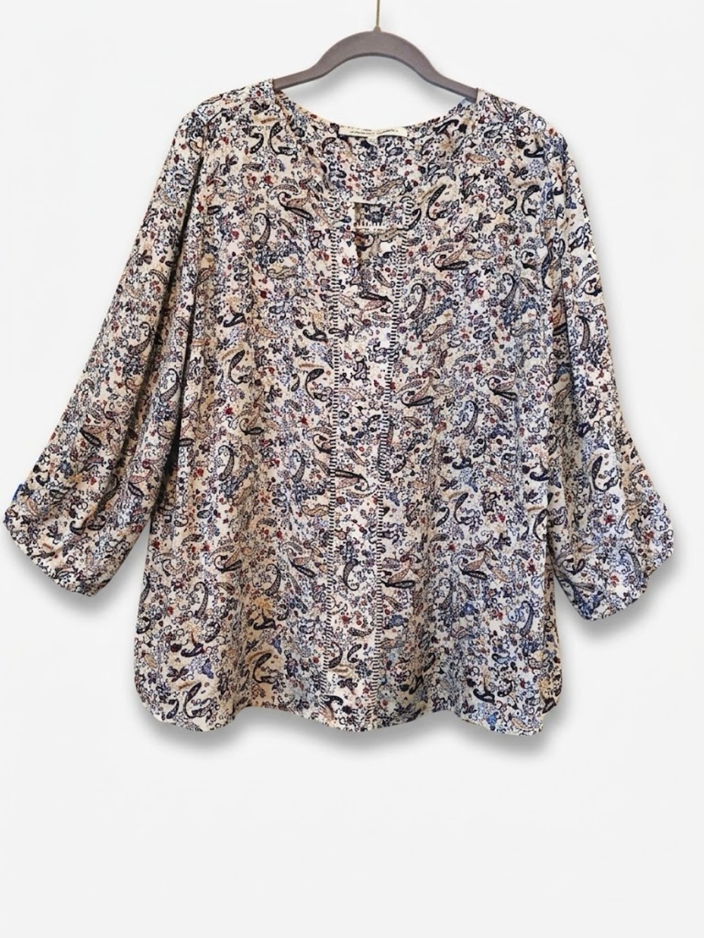 Collective Concepts Paisley Split Neck Crochet Lace Trim Blouse